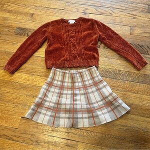Tommy Bahama Rust Orange Plush Knit  Velvet Sweater with Plaid Skirt Set 5/6